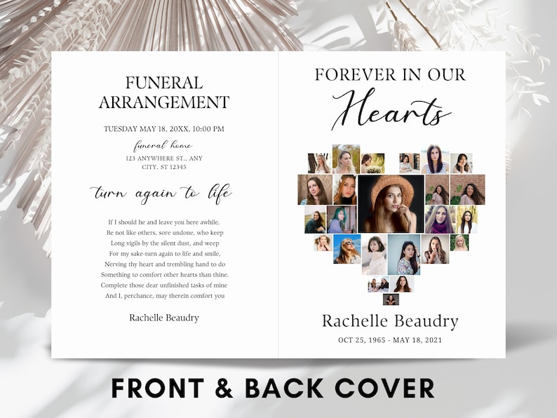 Może przedstawiać: Biała karta z ogłoszeniem pogrzebowym z czarnym tekstem. Prz&oacute;d karty zawiera słowa "Funeral Arrangement" i "turn again to life". Tył karty zawiera serce złożone ze zdjęć i słowa "Forever in Our Hearts" oraz "Rachelle Beaudry".