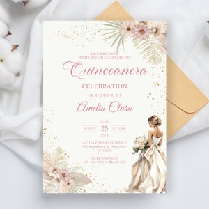 Blush Rosa und Gold Quinceanera Einladung, Floral Mis Quince Anos, Floral 16. Geburtstag Mädchen, Quinceanera Geburtstag einladen, Sofort Download