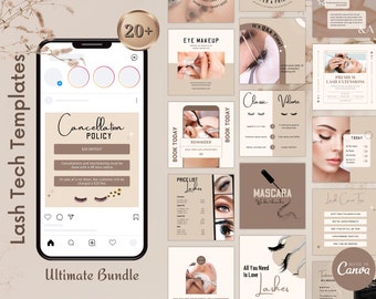 25 Lash Tech Instagram Post Templates, Lash Artist Instagram Templates, Esthetician beauty Posts, Editable Canva Templates