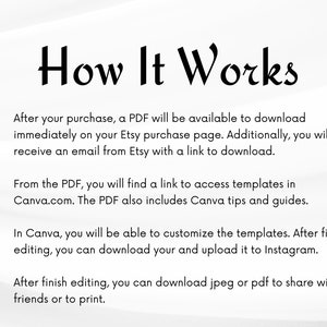 May include: A numbered list of steps on how to use a digital product. The steps include downloading a PDF, accessing templates in Canva, customizing the templates, and downloading the finished product.