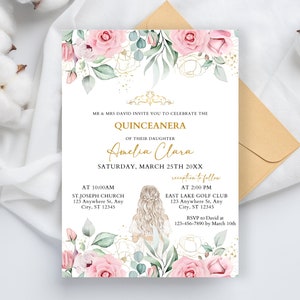 Erröten Rosa und Gold Quinceanera Einladung, Blumen Mis Quince Anos, Blumen 16. Geburtstag Mädchen, Quinceanera Geburtstagseinladung, Sofortiger Download