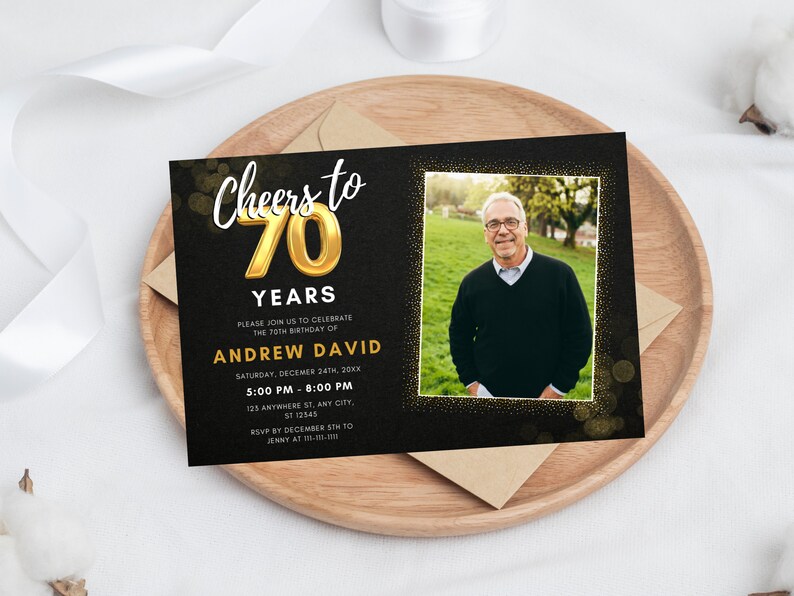 70th Invitation With Photo, 70th Birthday Invitation Template, Simple
