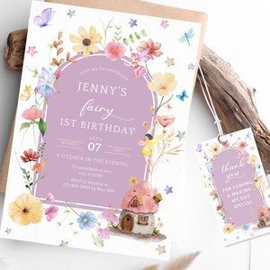 May include: A purple and white invitation with a watercolor illustration of a fairy house, flowers, and fairies. The text reads "Join us to celebrate Jenny's fairy 1st birthday, Monday Sept 07, 4 o'clock in the evening, 123 anywhere st, city, st 12345, RSVP to Natasha at 123-456-7890 by May 10th". A matching thank you tag reads "Thank you for coming & making my day special".