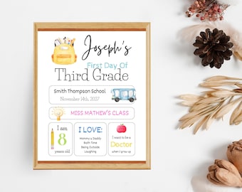 May include: A printable first day of school sign for a child named Joseph. The sign features a cartoon backpack, a school bus, a lightbulb, a pencil, an apple, and the text "Joseph's First Day of Third Grade", "Smith Thompson School", "November 14th, 2027", "Miss Mathew's Class", "I am 8 years old", "I Love: Mommy & Daddy Bath Time Being Outside Laughing", "I want to be a Doctor when I grow up".