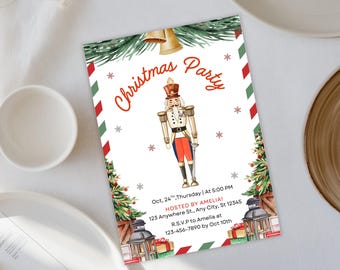 Puede incluir: Invitación a una fiesta de Navidad con una ilustración en acuarela de un soldado cascanueces. La invitación incluye el texto "Christmas Party", detalles del evento y una solicitud de confirmación de asistencia. El diseño incorpora elementos festivos.