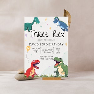 May include: A light blue and green dinosaur birthday invitation with the text "Three Rex" and "David's 3rd Birthday". The invitation includes a date and time for the party, as well as an RSVP contact.