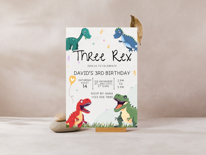 May include: A light blue and green dinosaur birthday invitation with the text "Three Rex" and "David's 3rd Birthday". The invitation includes a date and time for the party, as well as an RSVP contact.