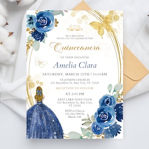 Editable Wildflower Quinceanera Invitation Template, Blue And Gold Quinceanera Invite, Sweet 16 Birthday Invite, Mis Quince Anos