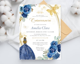 May include: A Quinceanera invitation with a gold and white background. The invitation features a blue watercolor floral design with a butterfly and a silhouette of a girl in a blue dress. The text reads "MR & MRS DAVID INVITE YOU TO CELEBRATE THE QUINCEANERA OF THEIR DAUGHTER AMELIA CLARA SATURDAY, MARCH 25TH | 10:00AM ST. JOSEPH CHURCH 123 Anywhere St, Any City, ST 12345 RECEPTION TO FOLLOW AT 2:00 PM EAST LAKE GOLF CLUB 123 Anywhere St. Any City, ST 12345 RSVP to Clara at 123-456-7890 by March 10th"