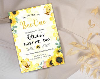 Bee First Birthday Invitation Template: Editable Canva Design (Digital Download)
