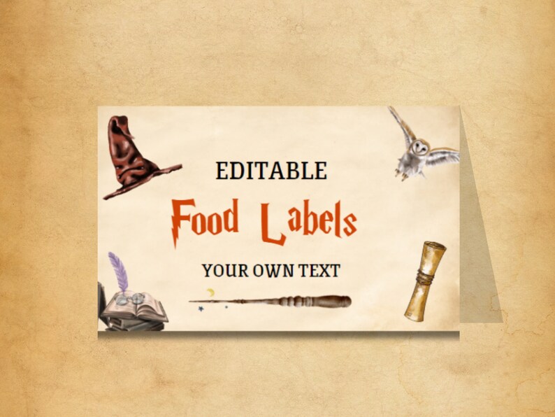 May include: Editable food labels with a Harry Potter theme. The labels feature a sorting hat, an owl, a wand, a book, and a scroll. The text on the labels reads "Editable Food Labels" and "Your Own Text".