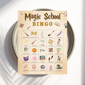 May include: A printable bingo card with a magic school theme. The card features images of a magic wand, magic letter, cage, broom, feather, mark, test tube, wizard glasses, old paper, magic owl, crystal ball, pumpkin, old books, magic plant, spell book, jelly beans, suitcase, footsteps, magic potion, winged key, dragon egg, cauldron, candles, and magic hat. The card says "Magic School Bingo" at the top.