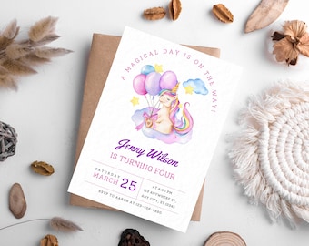 Unicorn Birthday Invitation Template, Pastel Rainbow, Magical Party (Digital Download)