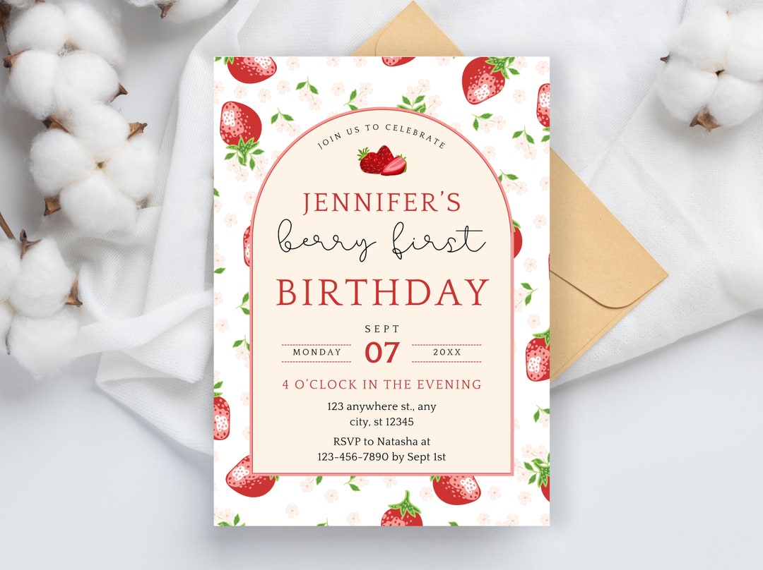 Editable Berry First Birthday Invitation Template, Strawberry Birthday ...