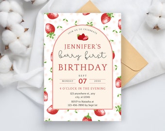 May include: A white and red birthday invitation with a strawberry pattern. The invitation says "Join us to celebrate Jennifer's berry first birthday" with the date "Sept 07 20XX" and time "4 o'clock in the evening".