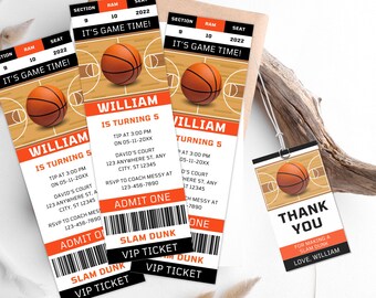 Plantilla de invitación de cumpleaños con forma de entrada para partido de baloncesto (Editable con Corjl)