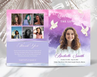 May include: A memorial card with a soft purple and pink background. The card features a photo of a woman, a collage of six photos, and text that reads "Celebrating The Life Of Rachelle Smith". Includes the text "Thank You".