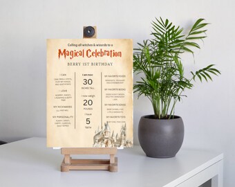 Wizard 1st Birthday Milestone Board, Editable Photo Sign (Printable Template)