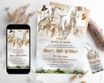 May include: A digital invitation for a 10th birthday party with a Harry Potter theme. The invitation features a watercolor illustration of Hogwarts castle with flying owls, books, and a golden broom. The text reads "Calling all Wizards & Witches" and "Oliver's 10th Birthday!"