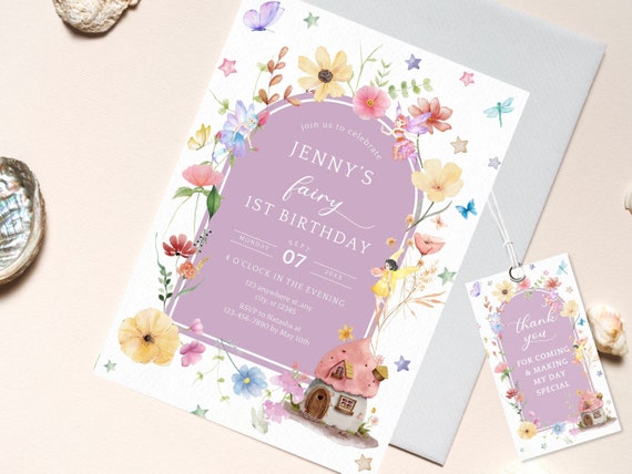 Fairy 1st Birthday Invitation Template, Blush Wildflower Garden (Digital Download)