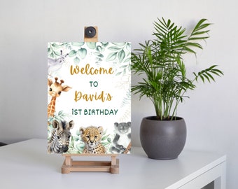 Bewerkbaar Safari-verjaardagsbord, jungledieren (digitale download)