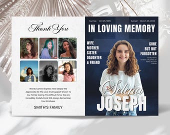 May include: A memorial card with a photo of a young woman, Selena Joseph, and the text "In Loving Memory." The card includes photos of other women and the words "Thank You" and "Smith's Family."