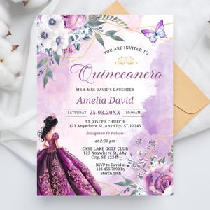 Lavender Lilac Purple Floral Butterfly Quinceañera Invitation, Gorgeous Pearl Lavender Quinceañera Invite, Sweet 15 Invitation