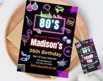 May include: Neon pink, blue, green, and yellow 80's themed birthday party invitation with the text "back to the 80's" and "Madison's 36th Birthday". The invitation includes a variety of 80's icons such as roller skates, a boombox, a flamingo, a hamburger, and a pair of sunglasses.