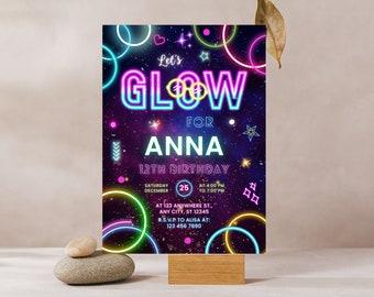 May include: A neon glow-in-the-dark birthday party invitation with a purple, pink, and blue color scheme. The invitation says "Let's Glow for Anna 12th Birthday" with a date and time for the party.