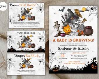 May include: A Halloween-themed baby shower invitation with a skull wearing a witch's hat and holding a potion bottle. The text reads "A Baby is Brewing!" and includes the names "Andrew & Alison" and the date "September 14".