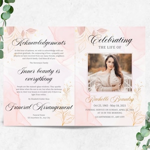 Plantilla de programa funerario editable, plantilla de obituario para mujeres de 8 páginas, plantilla de obituario plegable, plantilla de funeral de Canva editable
