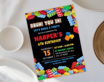 Invitación de cumpleaños con bloques de construcción, invitación colorida para fiesta de cumpleaños infantil, invitación editable, plantilla de Canva, descarga digital