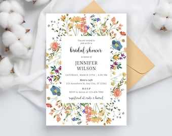 Wildflower Bridal Shower Invitation Template, Boho Floral Evite (PDF)