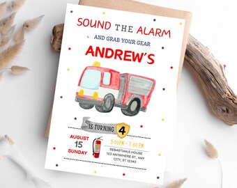 Fire Truck Birthday Invitation Template, Editable Canva (Digital Download)