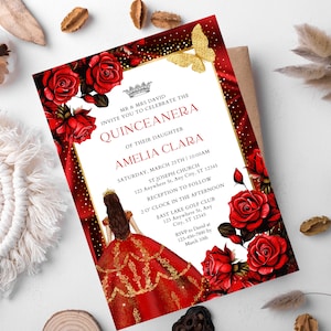 Burgundy Red Rose Quinceañera Invitation: Gold Floral (Instant Download)