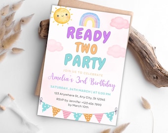 Rainbow 2nd Birthday Invitation: Editable Girl Party Template (Digital Download