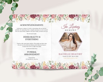 May include: A funeral announcement with a floral border. The announcement includes a photo of a woman, the name "RACHELLE BEAUDRY", and the dates "October 25, 19XX - May 18, 20XX". The text "In Loving Memory" is at the top of the announcement.