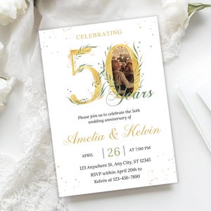 Faire-part 50e anniversaire, faire-part d'anniversaire de mariage avec photo imprimable, élégant, eucalyptus, verdure, modèle modifiable