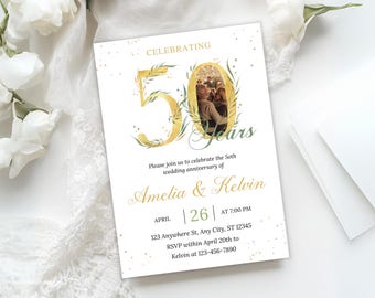 Inbjudan till 50-årsjubileum: Elegant eukalyptusfoto, redigerbar mall (PDF)