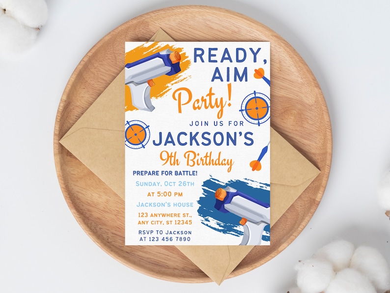 Editable Nerf Birthday Party Invitation, Dart Gun Birthday Party Invitation, Dart Birthday Invite, Editable Canva Template, Instant Download image 2