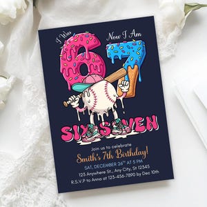 May include: A navy blue birthday invitation with a cartoon baseball character holding a bat. The number "6" is a pink donut, and the "7" is a blue ice cream cone. The text reads "SIX SEVEN" and "Smith's 7th Birthday!"