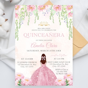 Bearbeitbare Quinceañera-Einladungsvorlage, rosa Kleid Quinceanera-Partyvorlage, florale Miss Quince Anos, florale Quinceañera-Einladung