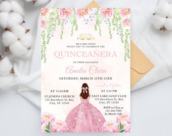 Plantilla de invitación para quinceañera con vestido rosa floral (Editable, descarga digital)