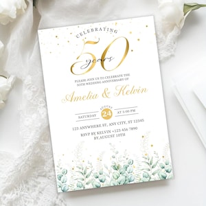 50-jähriges Jubiläumseinladung, Hochzeitsjubiläumseinladung mit Foto zum Ausdrucken, elegant, Eukalyptus, Grün, bearbeitbare Vorlage