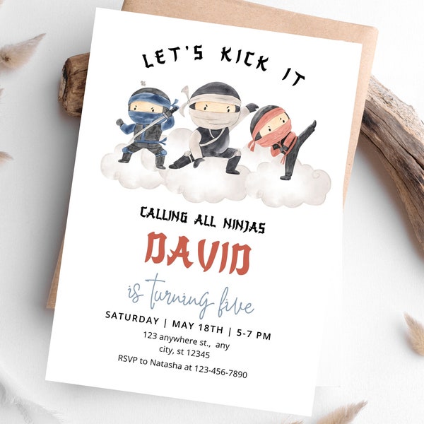 Ninja Birthday Invitation, Editable Ninja Warrior Party Invitation Template, Karate Boys Birthday Invite, Lets Kick, Ninja Party Printable