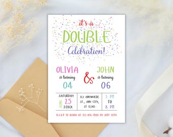 Invito per doppio compleanno: festa tra fratelli, modello Canva modificabile (PDF)