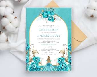 May include: A turquoise blue and gold quinceañera invitation featuring a floral design and a silhouette of a girl in a blue dress. The invitation includes the text "MR & MRS DAVID INVITE YOU TO CELEBRATE THE QUINCEAÑERA OF THEIR DAUGHTER AMELIA CLARA" and details for the event.