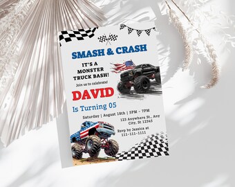 May include: A blue and red monster truck birthday invitation with a checkered flag background. The invitation says "Smash & Crash" and "It's a Monster Truck Bash!" It also says "David is turning 05" and includes the date and time of the party.