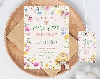 Fairy First Birthday Invitation Template, Floral Garden Party (Digital Download)