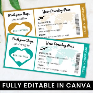 Modello Canva della carta d&#39;imbarco modificabile, viaggio a sorpresa del biglietto aereo stampabile, carta regalo biglietto aereo personalizzabile, carta d&#39;imbarco a sorpresa